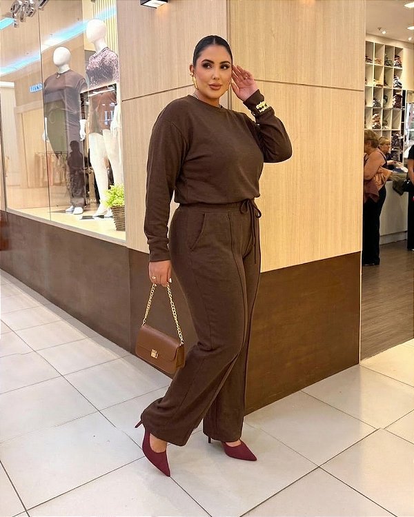 Conjunto Blusa ML e Calça Comfy Tricot Leve Marrom Quality Moda Plus Size Outono mca loja