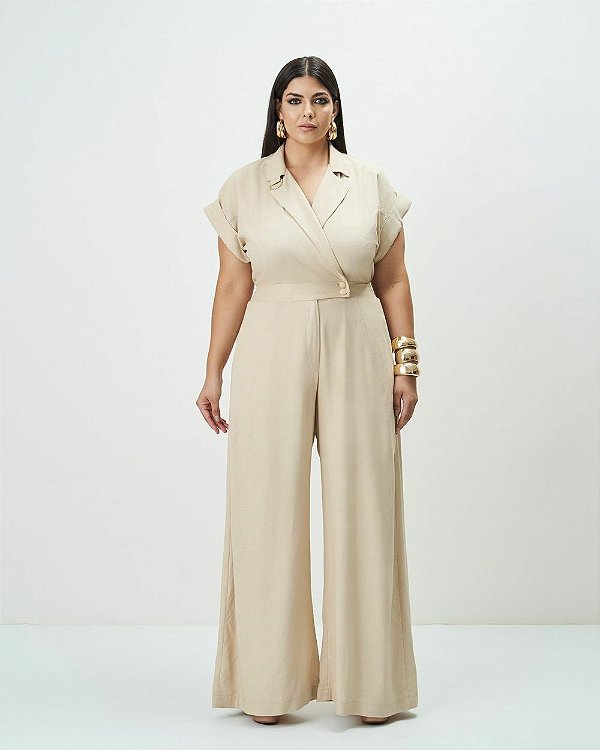 Macacão Recorte Bege Quality Moda Plus Size Outono qbl Preview