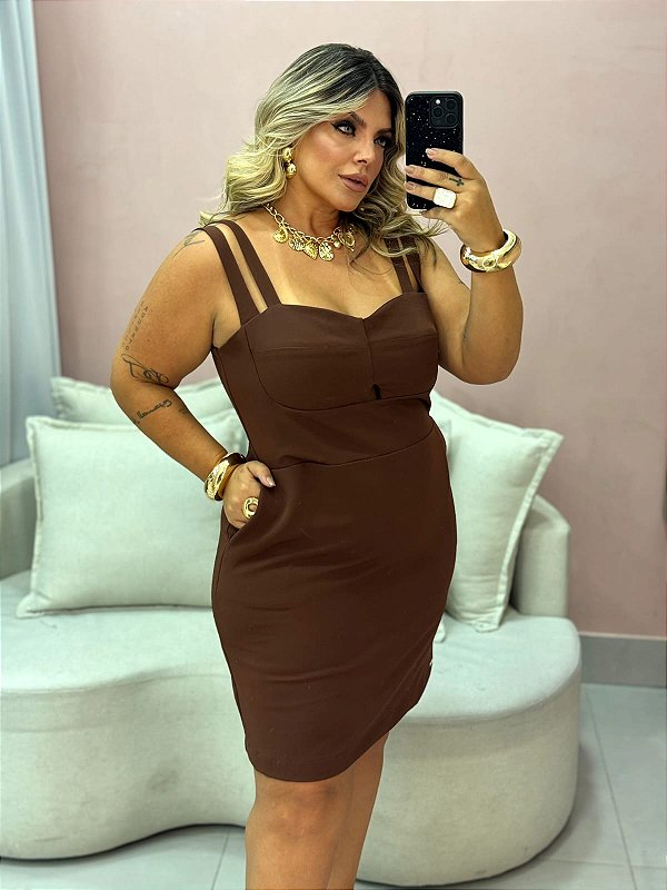 Vestido Curto Alça Dupla Marrom Quality Moda Plus Size rml Outono Loja