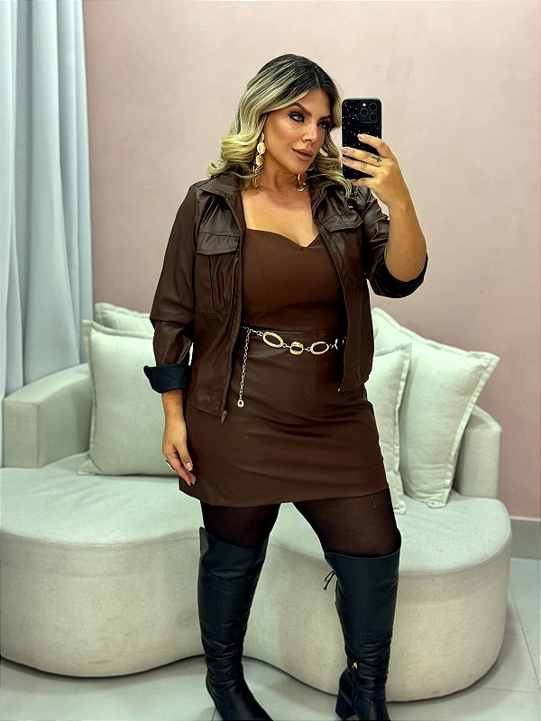 Saia Couro PU Marrom Quality Moda Plus Size rml Outono Loja