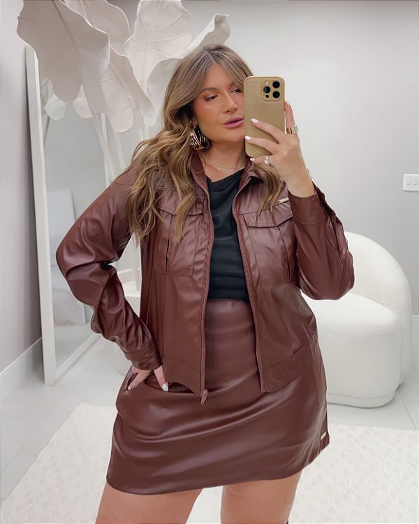 Saia Couro PU Marrom Quality Moda Plus Size rml Outono Loja