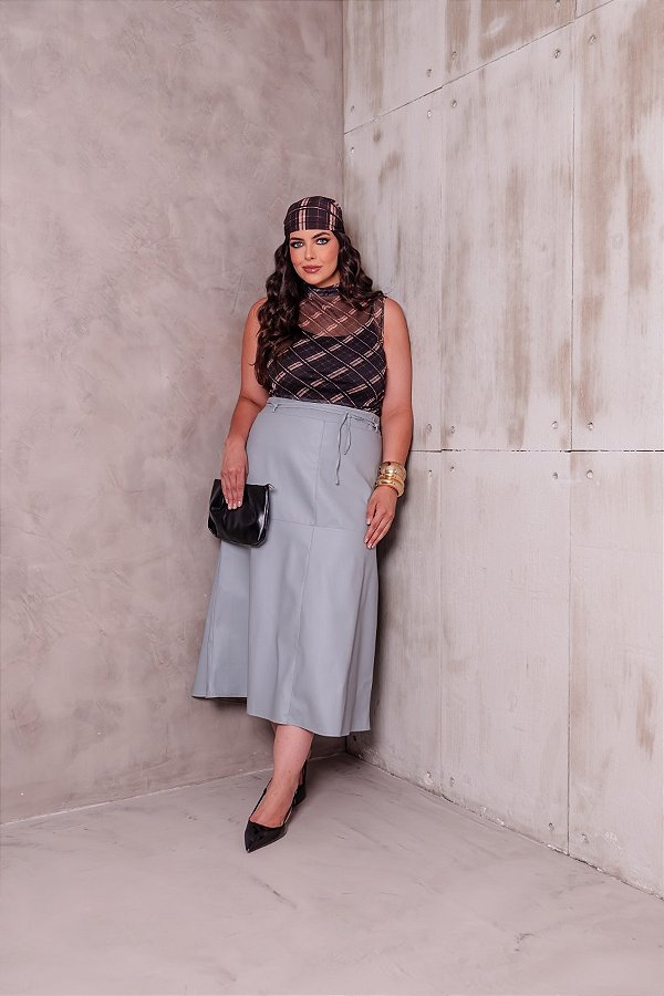 Saia Midi Couro Cinza Quality Moda Plus Size dub outono loja