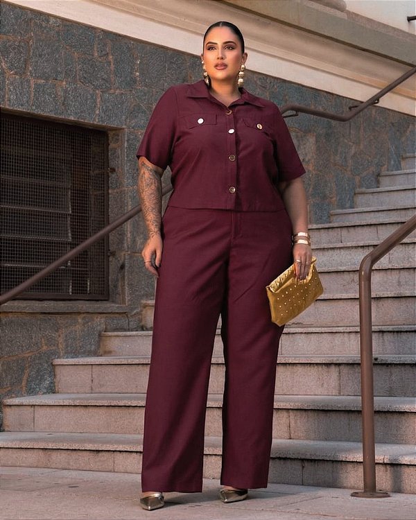 Conjunto Blusa Botões Dourados e Calça Bordo Quality Moda Plus Size Outono mca loja