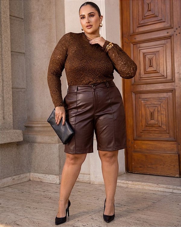 Bermuda Couro Marrom Quality Moda Plus Size Outono mca loja