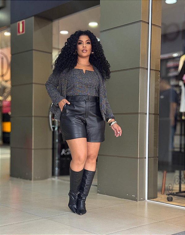 Shorts Preto Couro com Cinto Quality Moda Plus Size dub outono loja