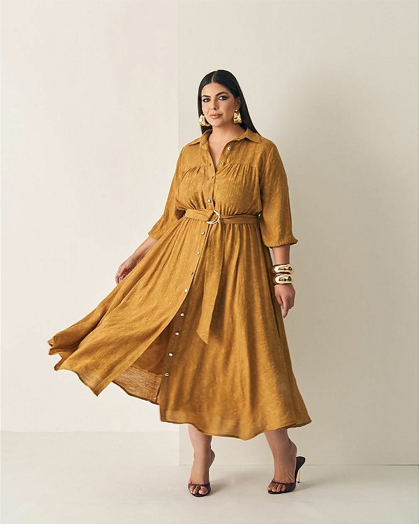 Vestido Midi Chemise Pasley Mostarda Quality Moda Plus Size Outono qbl Preview