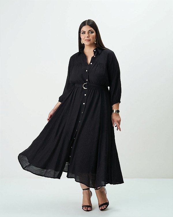 Vestido Midi Chemise Pasley Preto Quality Moda Plus Size Outono qbl Preview