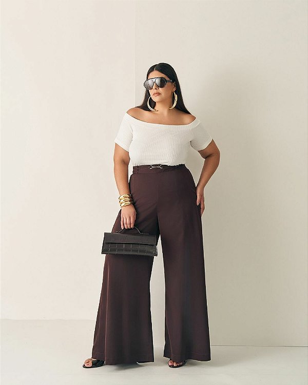 Calça Wide Marrom Quality Moda Plus Size Outono qbl Preview