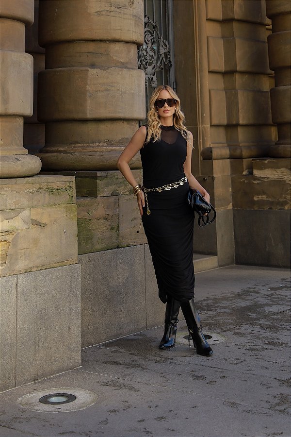 Vestido Midi Longo Tule Flex Preto Quality Moda Plus Size dub outono Preview