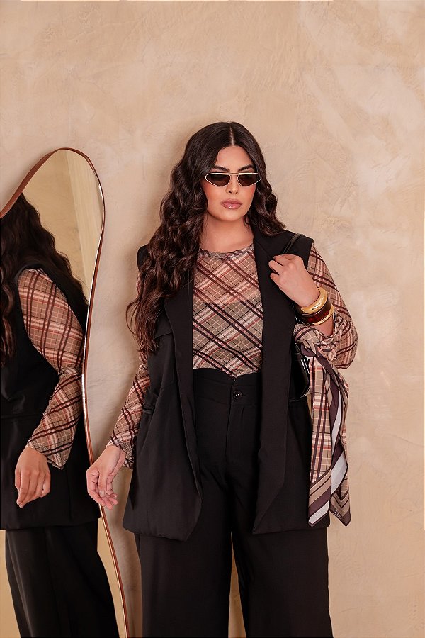 Blusa Tule Manga Longa Xadrez Marsalla Quality Moda Plus Size dub outono Preview