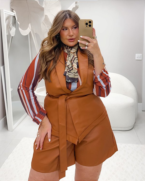 Blusa Tule Estampada Marrom Quality Moda Plus Size dub outono Preview