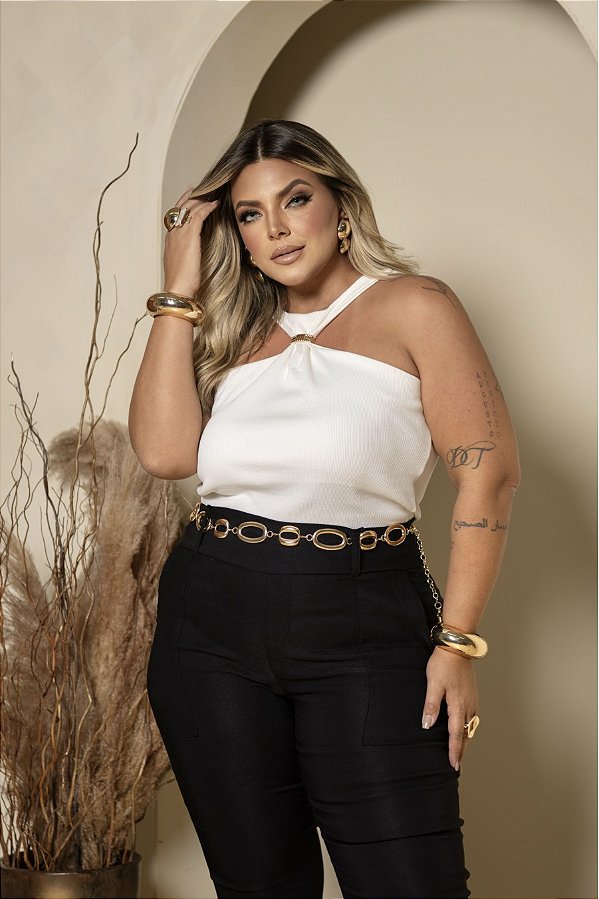 Blusa Canelada Fivela Branca Quality Moda Plus Size mlj outono Preview