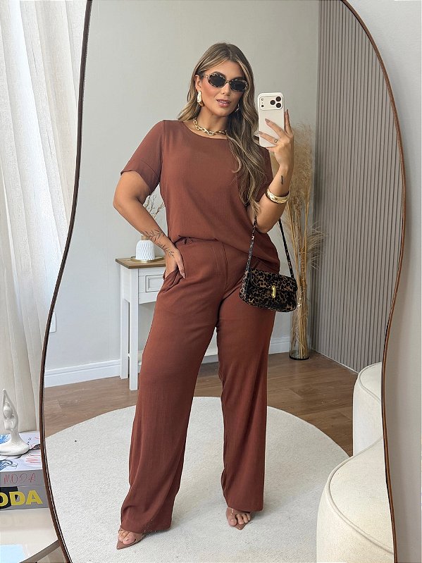 Conjunto Comfy Blusa e Calça Marrom Quality Moda Plus Size mlj outono Preview
