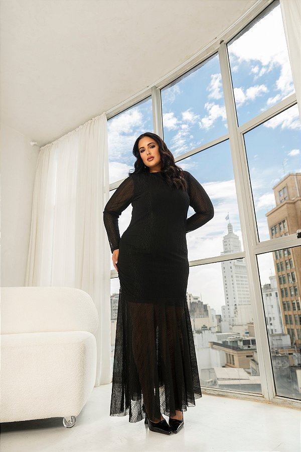Vestido em Tule Trabalhado Preto Quality Moda Plus Size dvs Outono Preview town