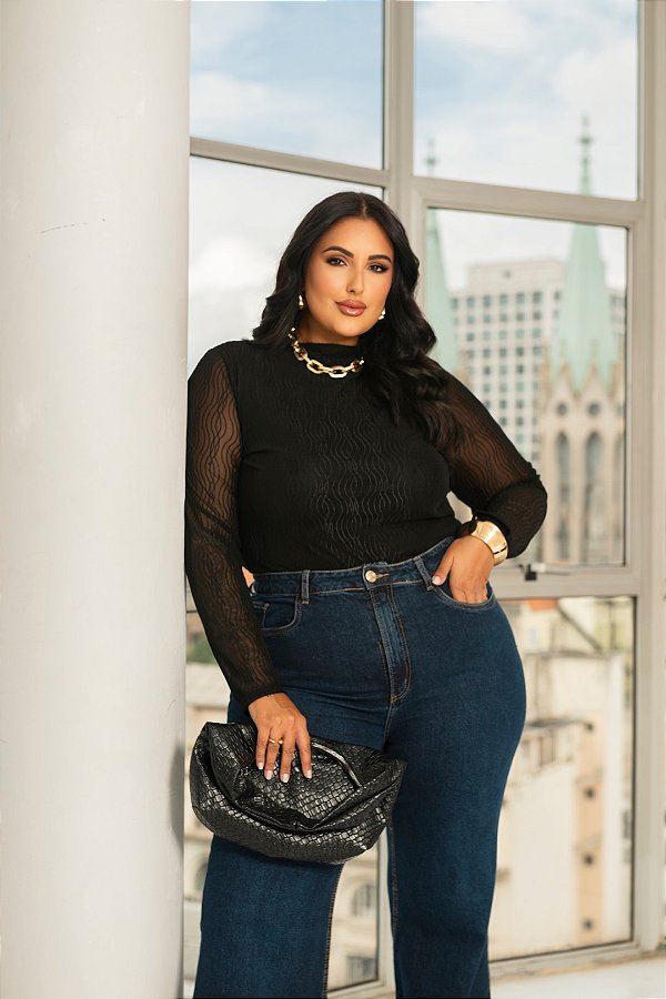 Blusa Drapeada Ombro em Tule Preto Quality Moda Plus Size dvs Outono Preview town