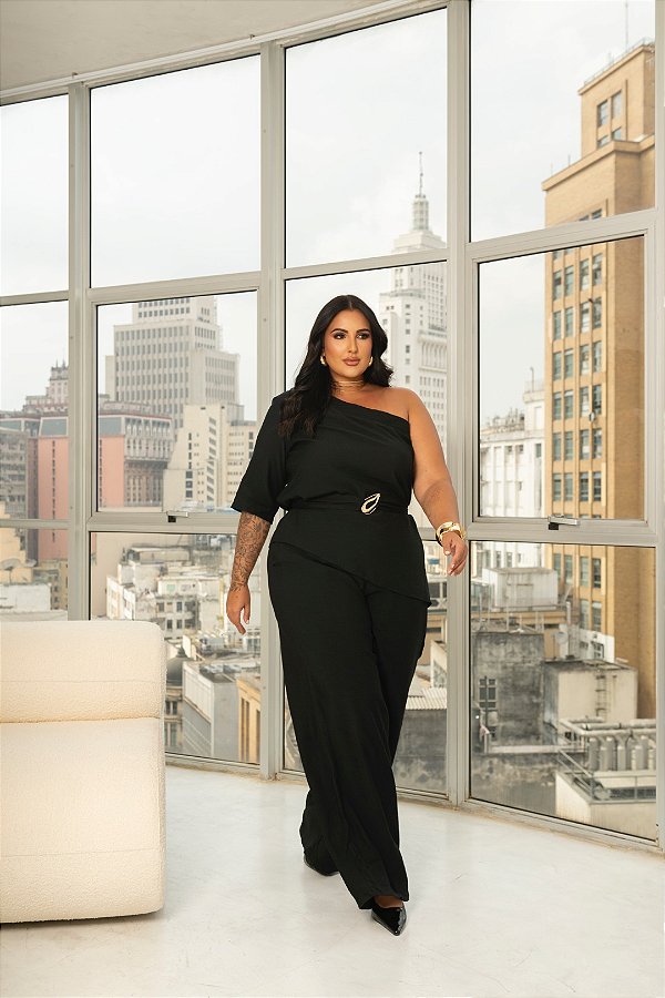 Conjunto Blusa Ombro Único com Pantalona Preto Quality Moda Plus Size dvs Outono Preview town