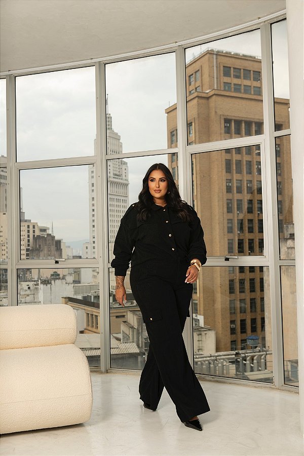 Conjunto Jaqueta com Calça Flare em Veludo Cotelê Preto Quality Moda Plus Size dvs Outono Preview town