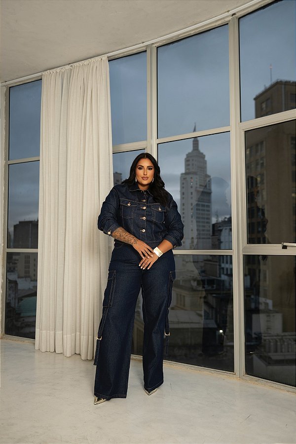 Calça Wide Leg Cargo Jeans Blue Quality Moda Plus Size dvs Outono Preview town