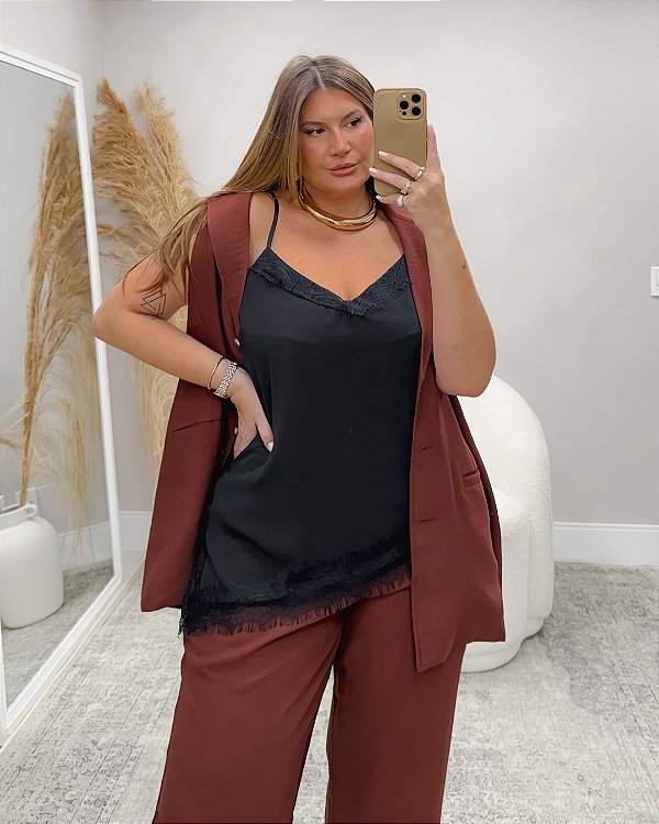 Blusa Regata Renda Preta Quality Moda Plus Size rml Outono loja Aura