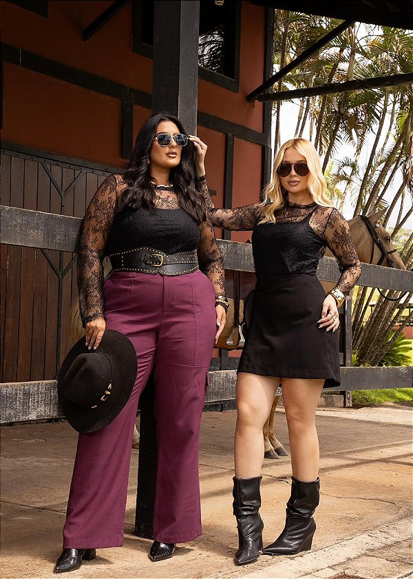 Blusa Manga Longa Renda com Regata Interna Preta Quality Moda Plus Size mca Loja