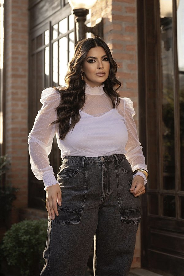 Blusa com Lastex na Gola e Punhos Branca Quality Moda Plus Size dvs Outono Preview Equi dvs