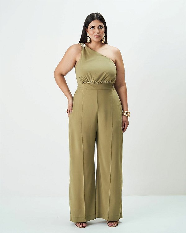 Macacão Ombro Único Fivela Verde Quality Moda Plus Size Outono qbl Outono Preview