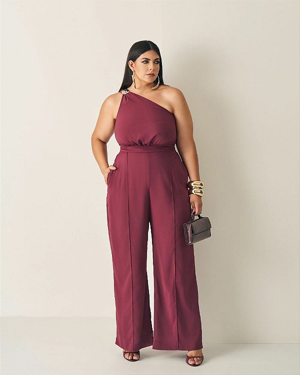 Macacão Ombro Único Fivela Vinho Quality Moda Plus Size Outono qbl Outono Preview