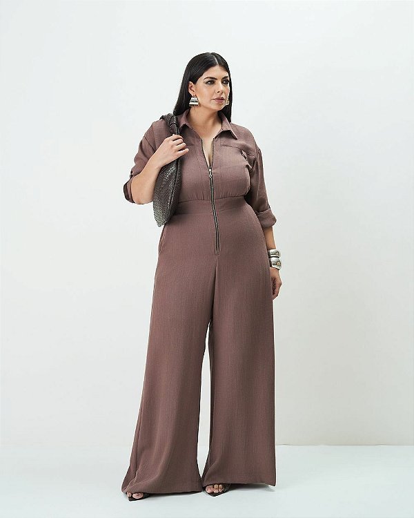 Macacão Pantalona Utilitário Marrom Quality Moda Plus Size Outono qbl Outono Preview