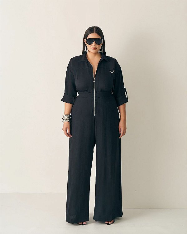 Macacão Pantalona Utilitário Preto Quality Moda Plus Size Outono qbl Outono Preview