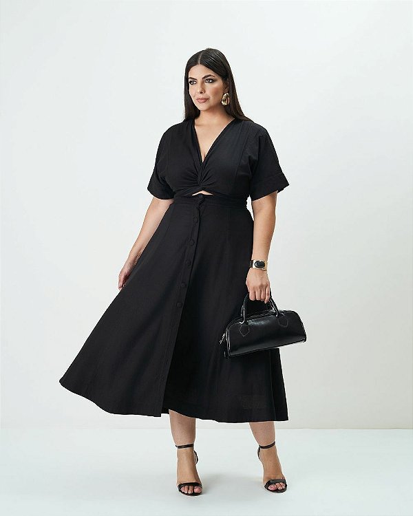 Conjunto Cropped e Saia Midi Linho Preto Quality Moda Plus Size Outono qbl Outono Preview