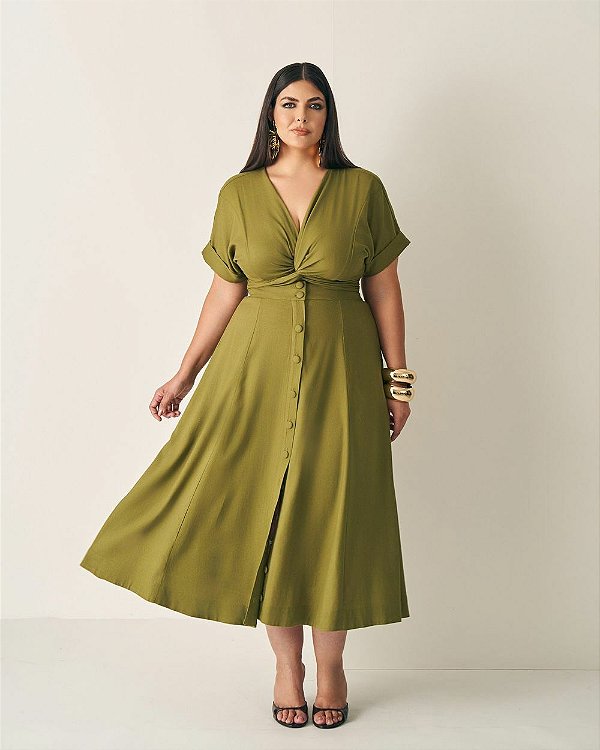 Conjunto Cropped e Saia Midi Linho Verde Quality Moda Plus Size Outono qbl Outono Preview