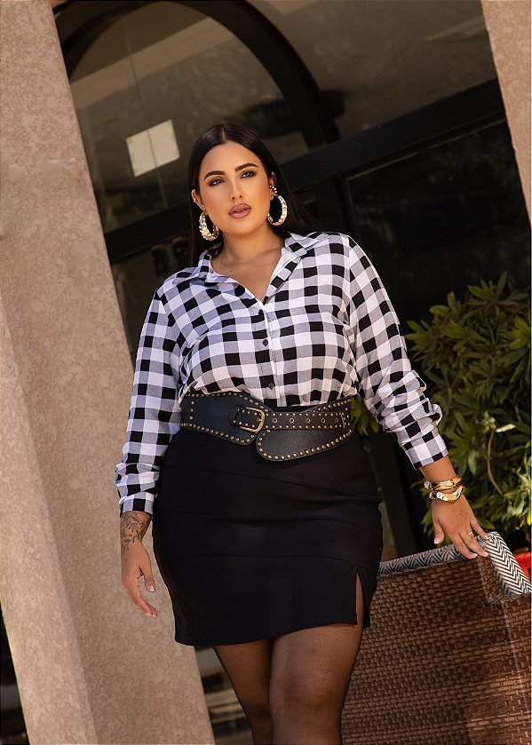 Camisa Xadrez Manga Longa Preta e Branca Quality Moda Plus Size mca Loja