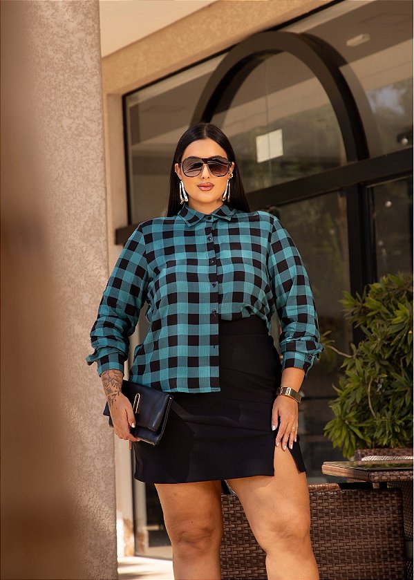 Camisa Xadrez Manga Longa Verde e Preta Quality Moda Plus Size mca Loja