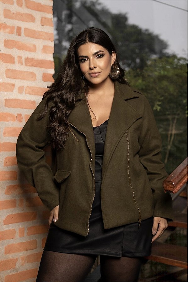 Jaqueta com Zíper em Lã Batida Alga Quality Moda Plus Size dvs Outono Preview Equi dvs