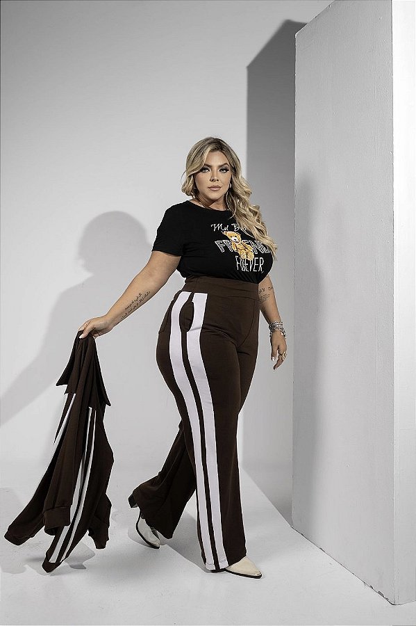 Conjunto Moletinho Plus Size Faixa Lateral Marrom Quality Moda Plus Size Preview mlj