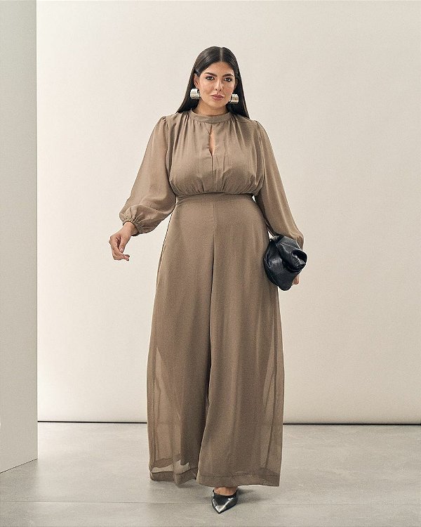 Macacão Gola Alta Kaki Quality Moda Plus Size Brit Preview qbl