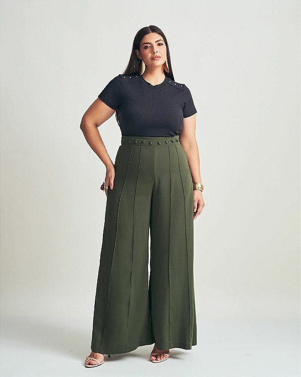 Calça Plus Size Ampla Verde com Detalhes Quality Moda Plus Size Brit Preview qbl