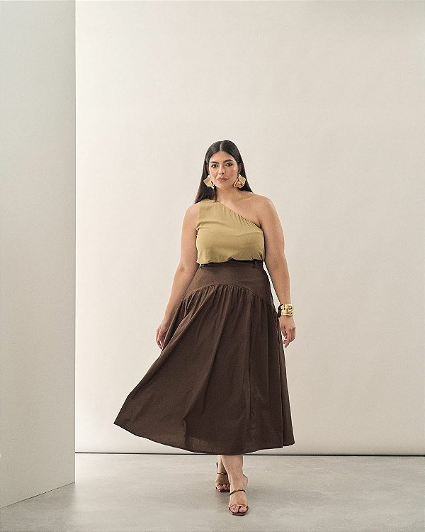 Saia Midi Franzido Marrom Quality Moda Plus Size Brit Preview qbl