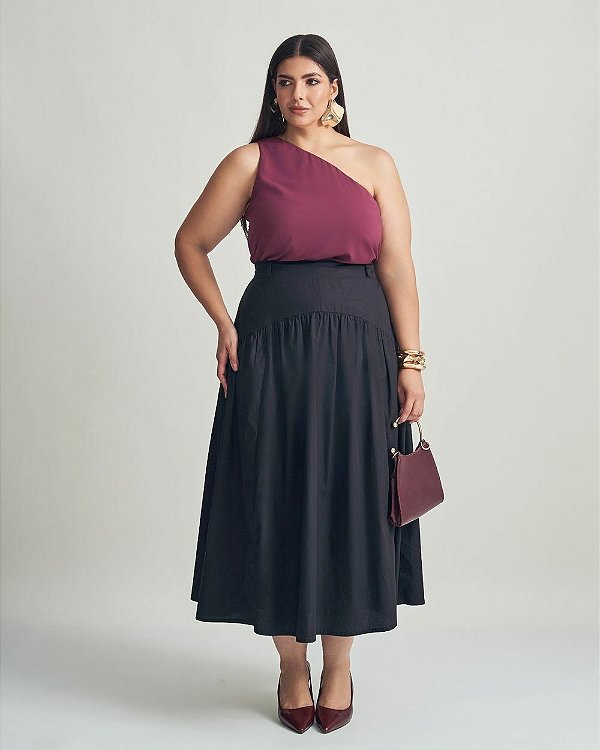 Saia Midi Franzido Preta Quality Moda Plus Size Brit Preview qbl