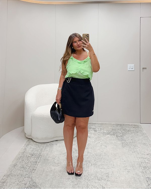 Saia Short Preto com Cinto Duplo Quality Moda Plus Size rml