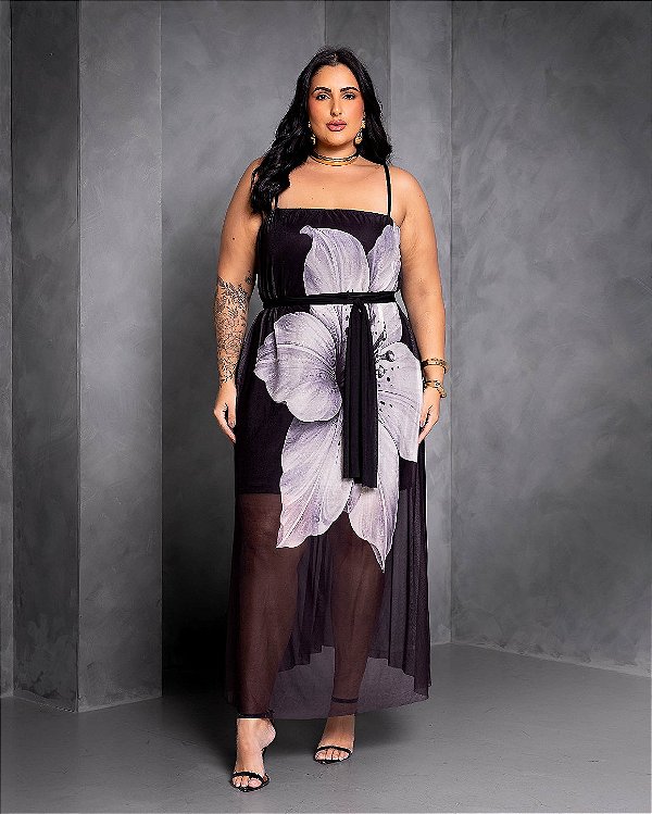 Vestido Plus Size Tule Flex Preto Estampado Quality Moda Plus Size Preview Dub