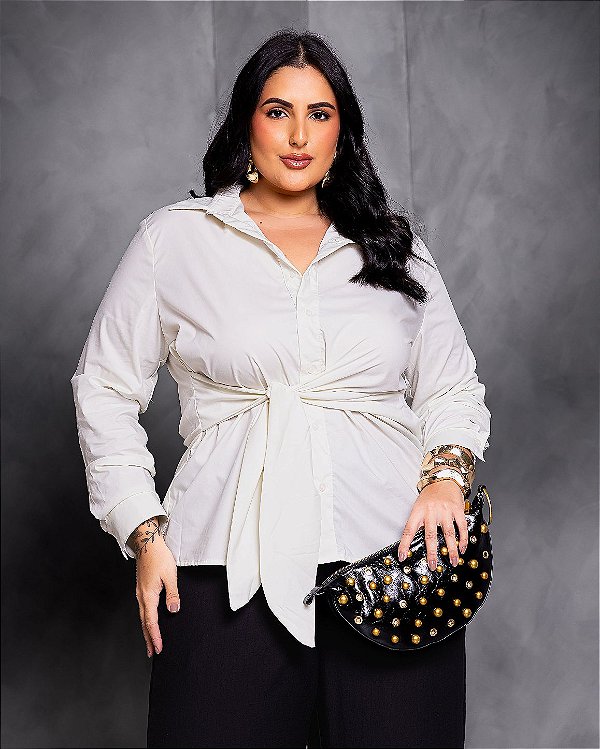 Camisa Tricoline Amarração Off White Quality Moda Plus Size Preview Dub
