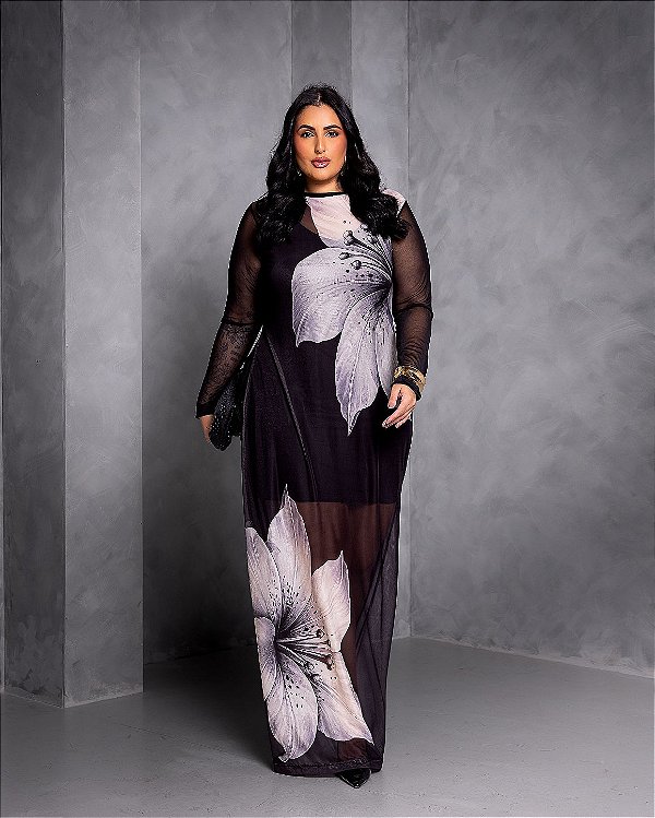 Vestido Tule Manga Longa Estampado Quality Moda Plus Size Preview Dub