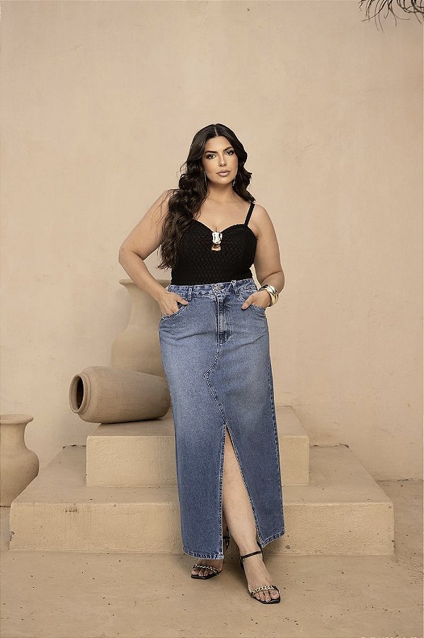Saia Midi Jeans Quality Moda Plus Size dvs