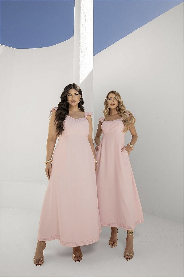 Vestido Midi Pespontado Rosa Quality Moda Plus Size Preview Dvs