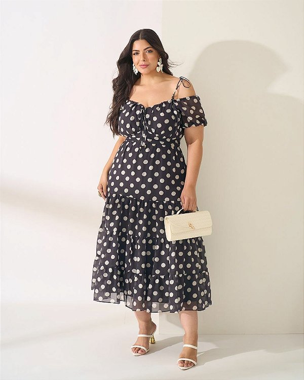 Vestido Poá Midi Romântico com Franzidos Quality Moda Plus Size Preview qbl