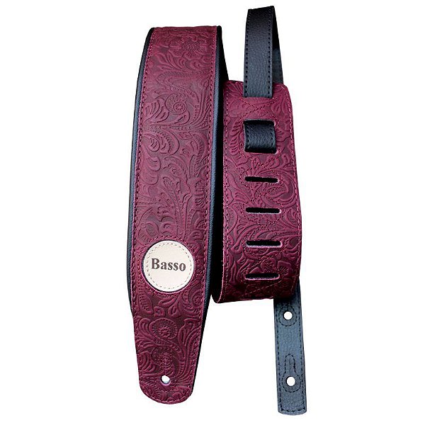 Correia Guitarra Violão Baixo Basso Alça Couro Floral Bordo