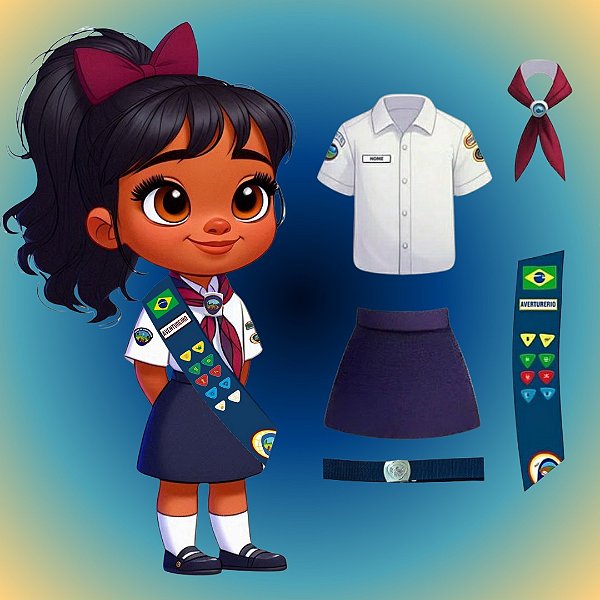 UNIFORME AVT - AVENTUREIROS INFANTIL FEMININO COMPLETO - EMBLEMAS COSTURADOS