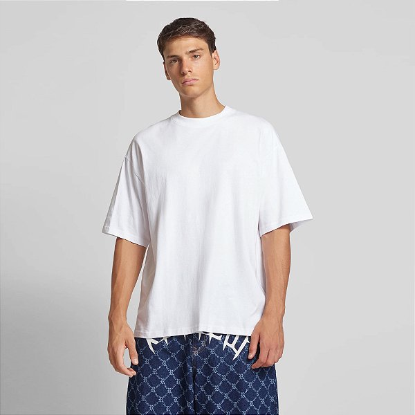 Camiseta Oversized Lisa Masculina Gola Larga Algodão Premium - Branco