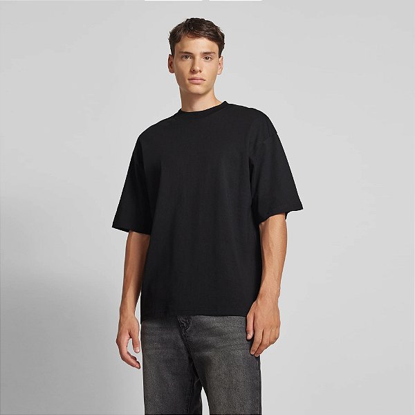 Camiseta Oversized Lisa Masculina Gola Larga Algodão Premium - Preto